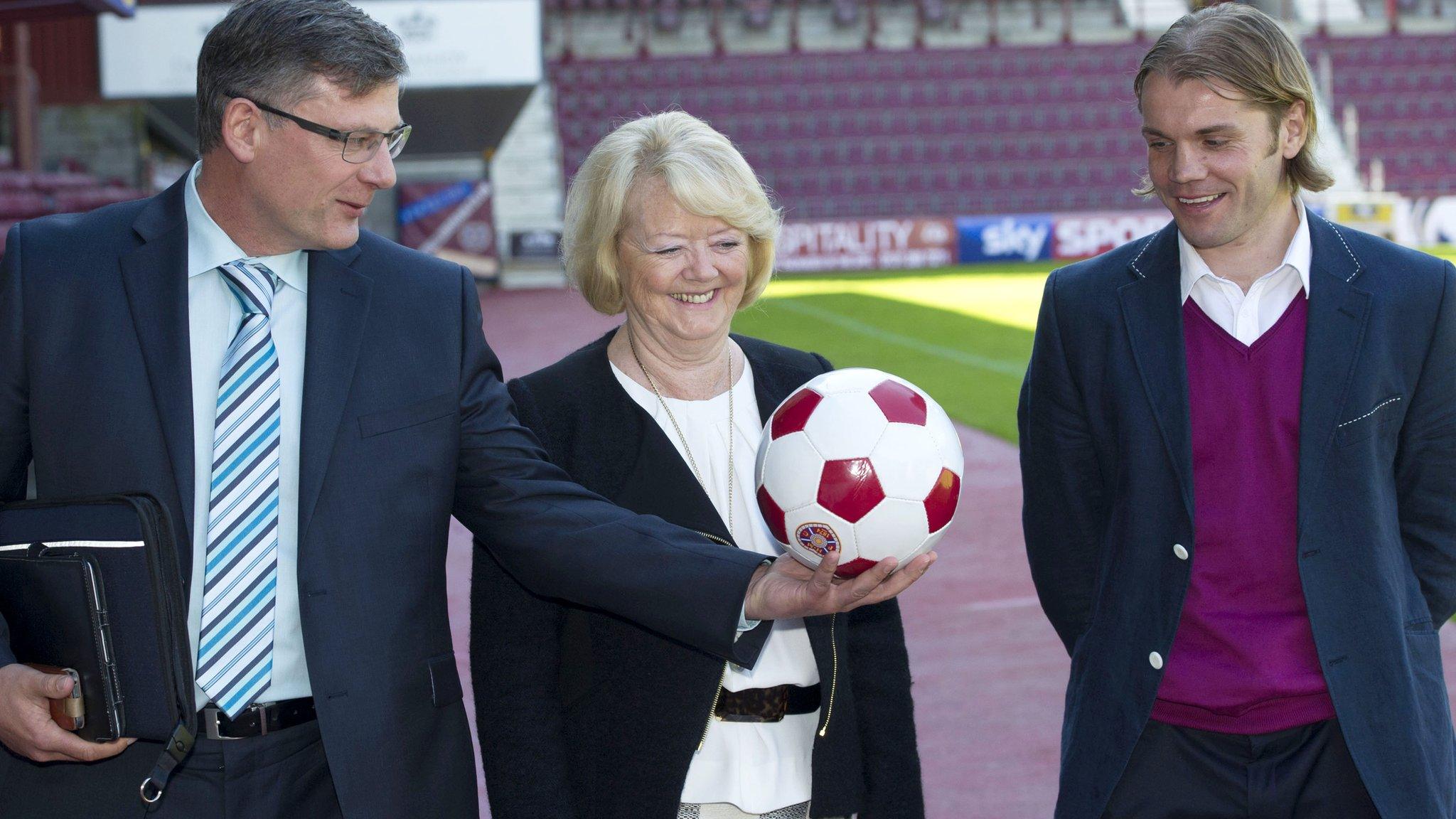 Director of football Craig Levein (left), owner Ann Budge and head coach Robbie Neilson