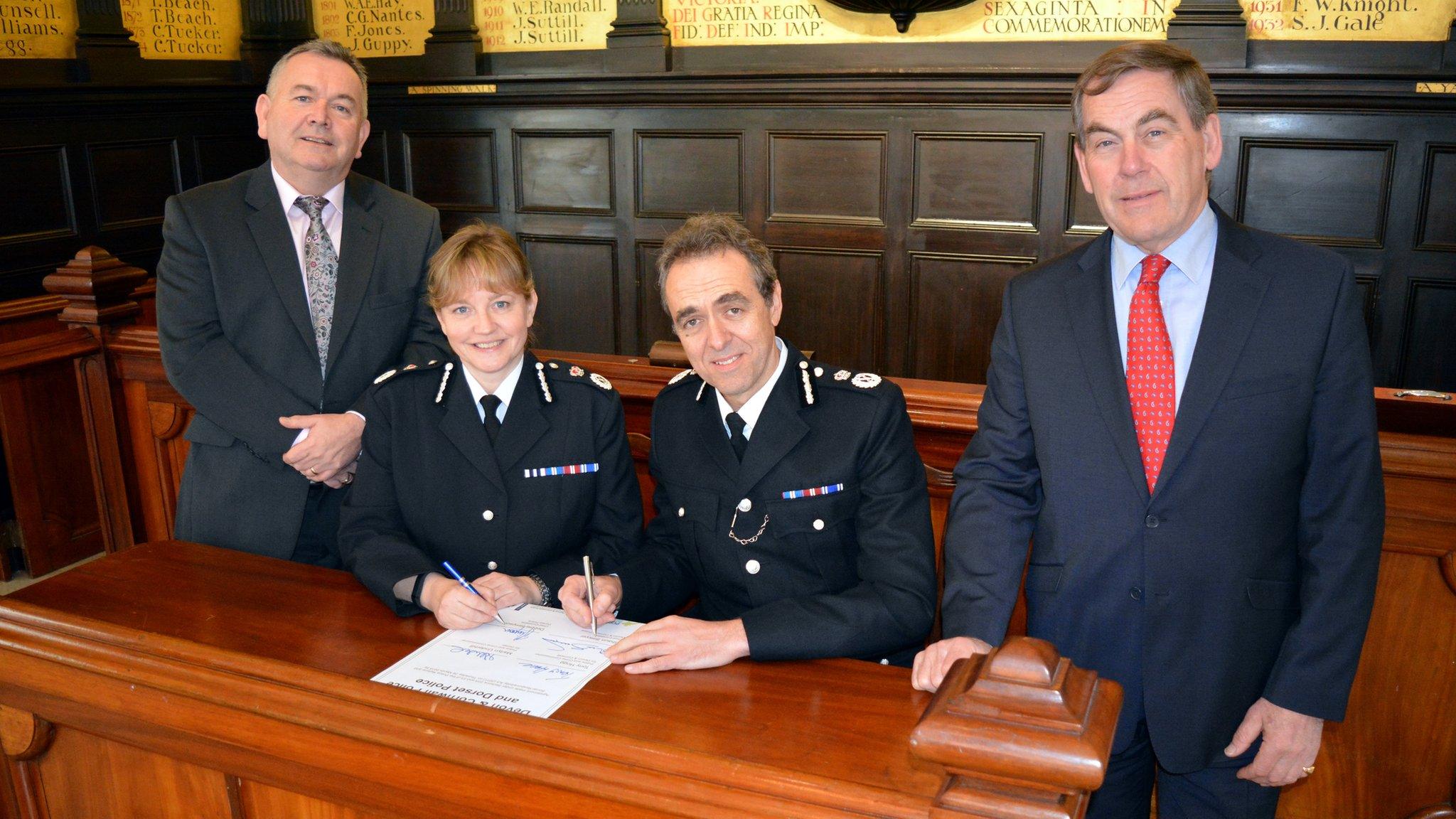 L-R: PCC Martyn Underhill, Chief Constable Debbie Simpson, Chief Constable Shaun Sawyer and PCC Tony Hogg