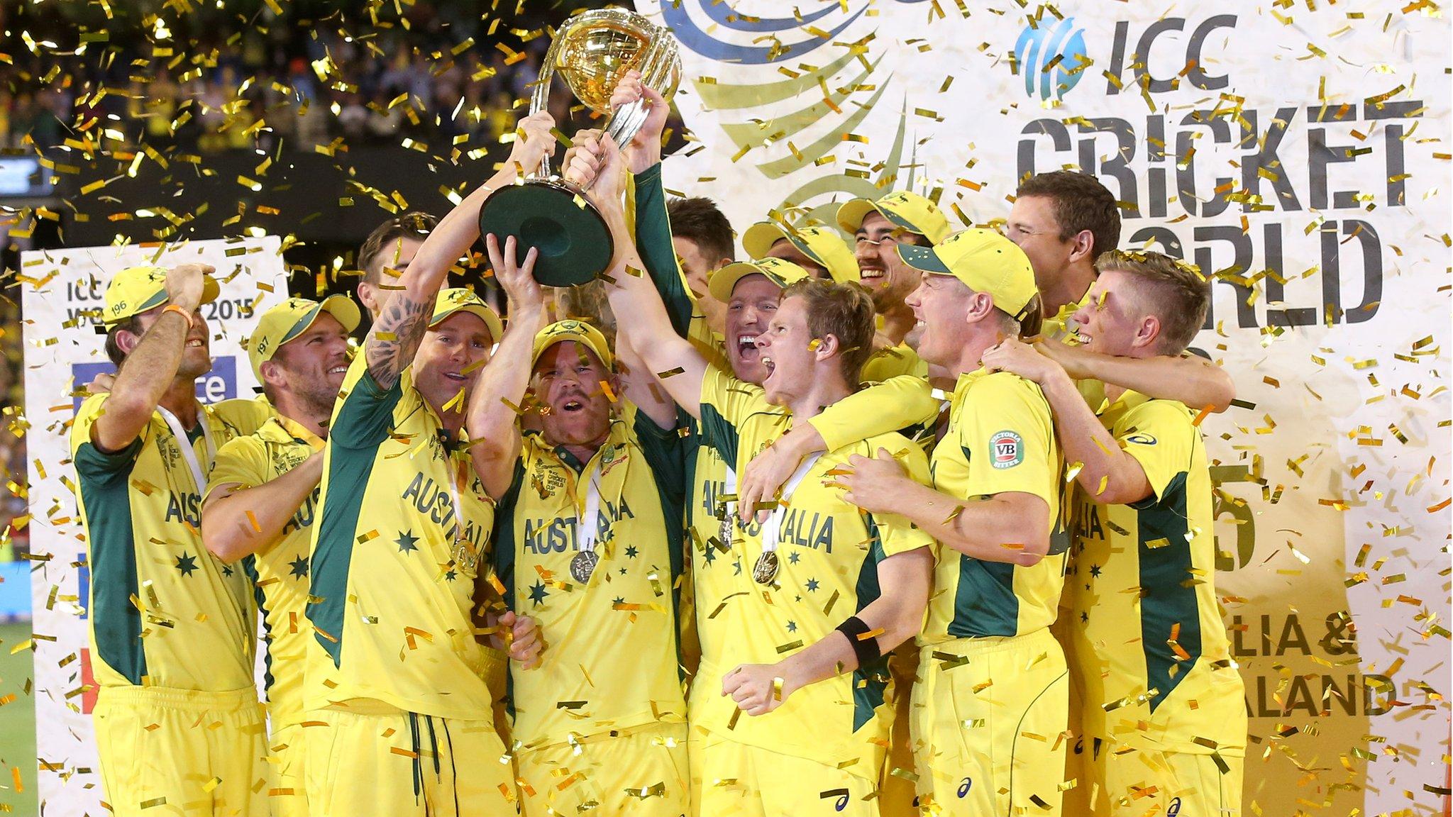 Australia celebrate with Cricket World Cup trophy