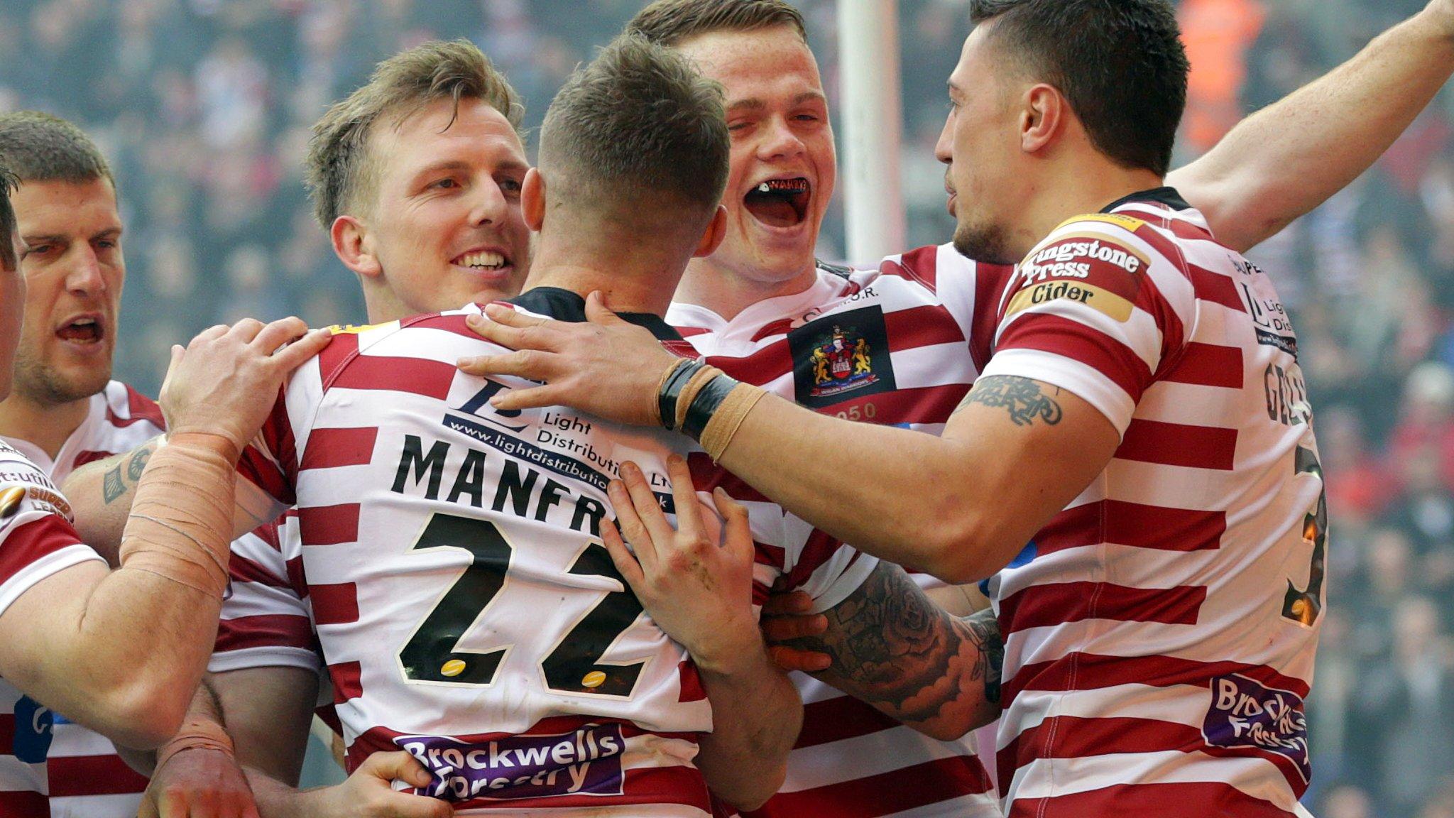 Wigan celebrate Joe Burgess try