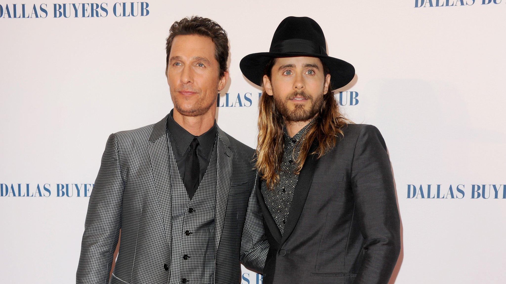 Actors Matthew McConaughey and Jared Leto attend the "Dallas Buyers Club" UK premiere at the Curzon Mayfair on 29 January 2014 in London, England