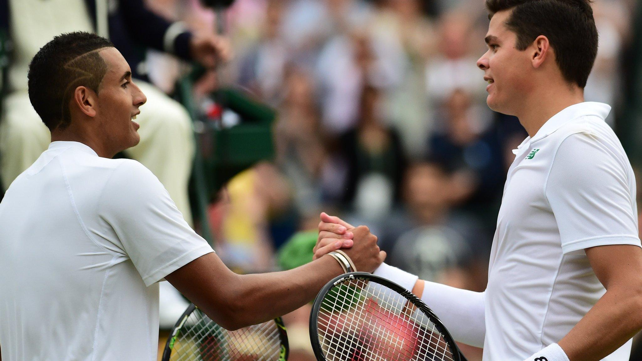 Kyrgios (left) lost in four sets to Raonic at Wimbledon last year