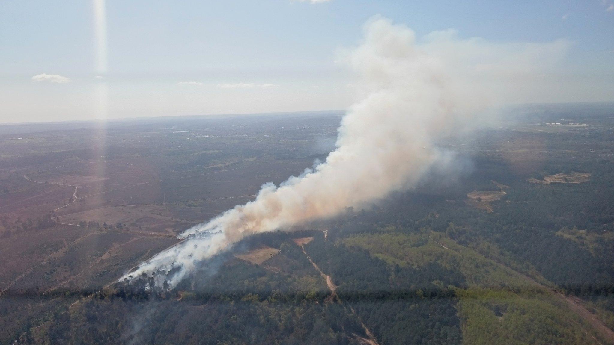 Aerial image of the heathland fire at Pirbright, Surrey