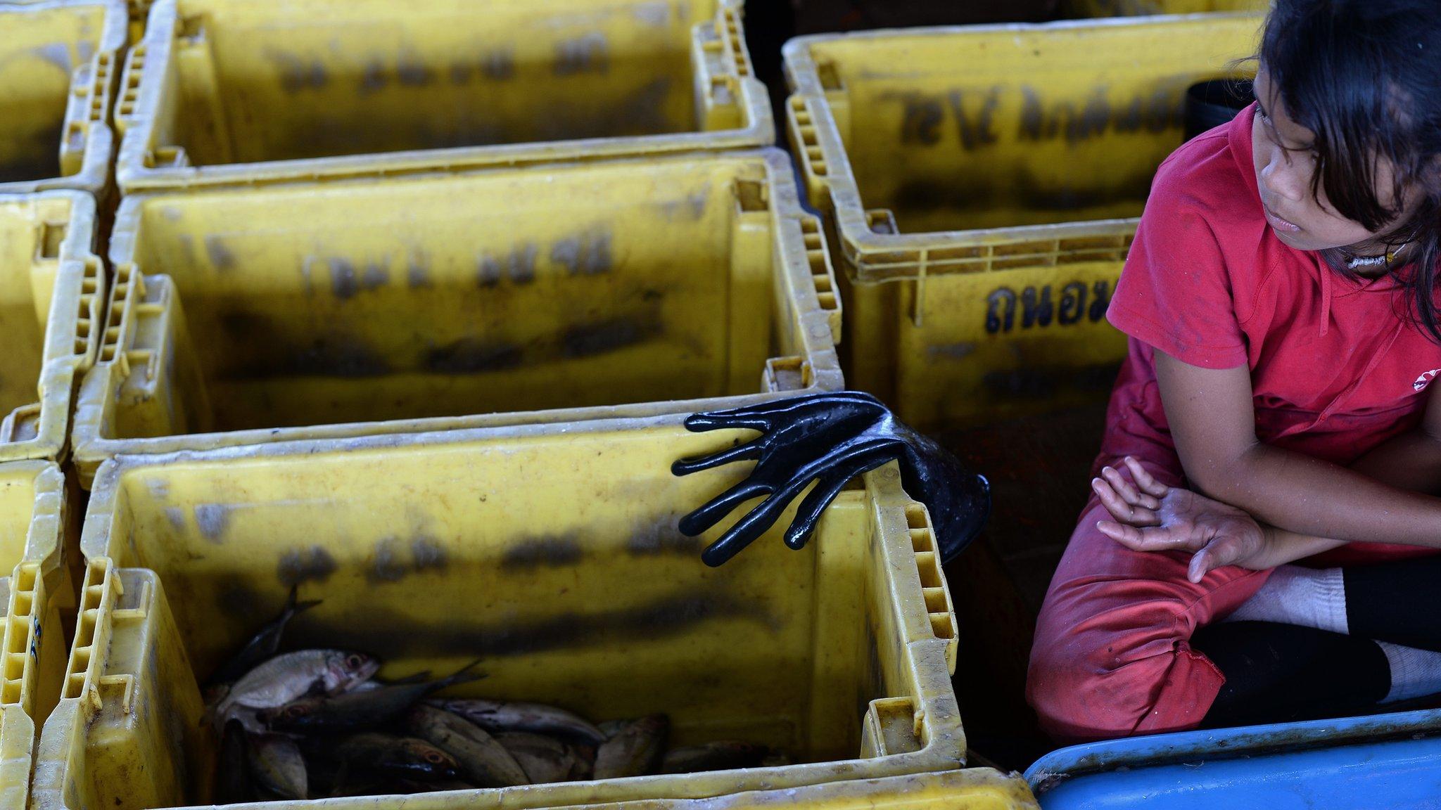 A girl taking a break from sorting fish after they were unloaded from a trawler at a port in Pattani, southern Thailand