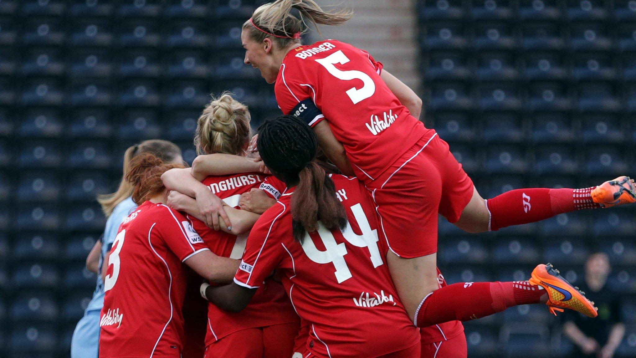 Liverpool celebrate Line Smorsgard's winner against Manchester City Women