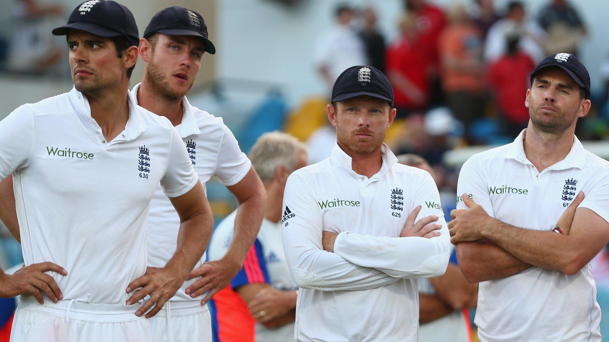 A disconsolate England after their defeat in Barbados