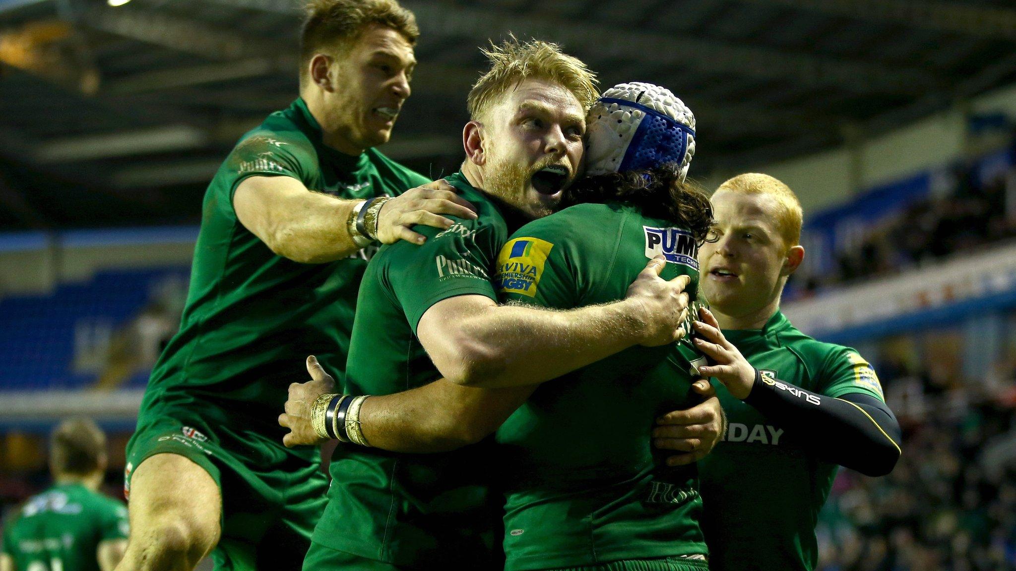 London Irish celebrate a Blair Cowan try