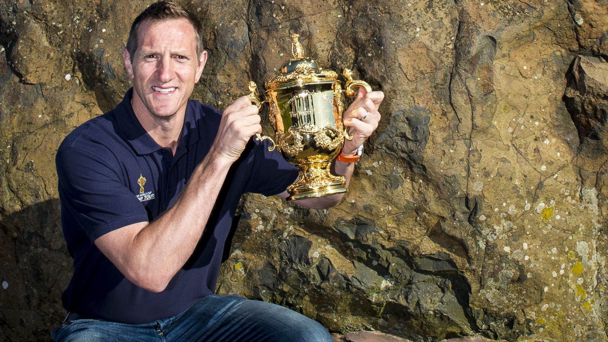 Former World Cup winner Will Greenwood welcomes the trophy to Scotland