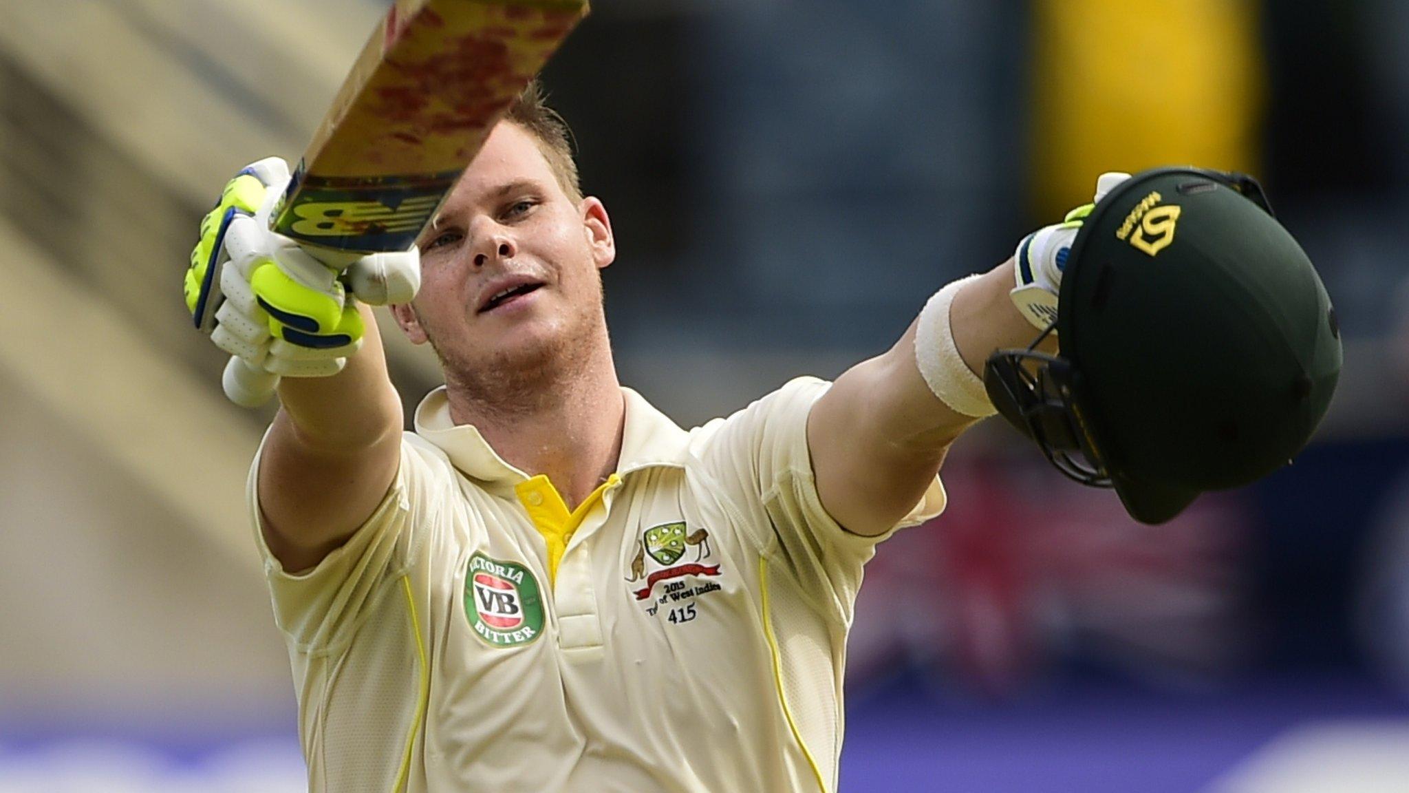 Australia batsman Steve Smith acknowledges his century