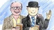 An illustration of Ray Brooks and Mr Benn. Brooks is drawn as an elderly cartoon man with large glasses, short grey hair, and wears a yellow shirt under a brown jacket. He has his arm around Mr Benn - a cartoon character with a drawn-on smile, who wears a black bowler hat, a black suit and a white shirt with a striped blue tie. He has one hand in the air. Both men are holding full pint glasses and are drawn against a blue background.