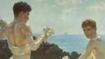 A painting of two teenage boys on a beach.