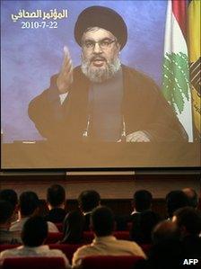 Hassan Nasrallah addresses a news conference via videolink (22 July 2010)