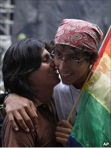 Gay couple outside the Supreme Court, 5 August