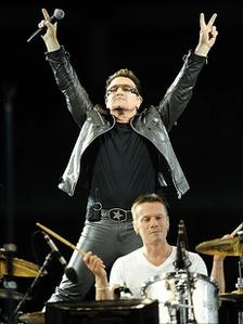 Bono and Larry Mullen on stage in Turin