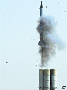 An S-300 missile blasts off from the Ashuluk firing range in southern Russia