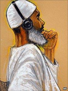 Court sketch of Ibrahim al-Qosi 9 Aug 2010