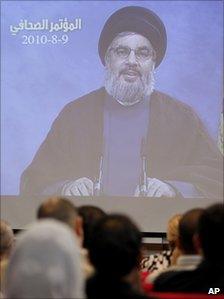 Hezbollah leader Hassan Nasrallah speaks through a video link during a press conference in Beirut. Aug 9 2010