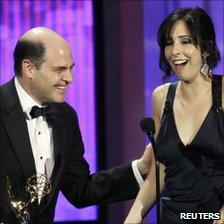 Matthew Weiner and Erin Levy accept the award for outstanding writing