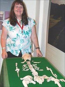 Shirley Williams with the skeleton of the Neolithic woman nicknamed Blodwen