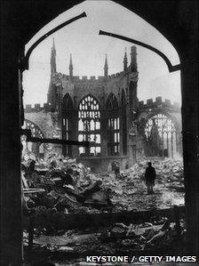 Ruins of Coventry cathedral after the Blitz of 14 November, 1940