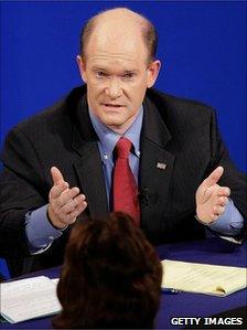 Democratic candidate Chris Coons talking part in the debate at Delaware University