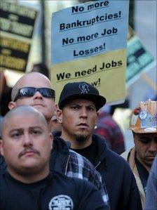 Union building trade workers holding a rally on the steps of City Hall in Los Angeles