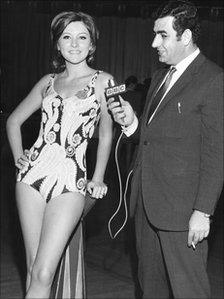 Miss Lebanon is interviewed at the 1970 Miss World