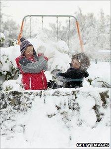 Children play in the snow in Auchterarder