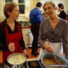 Family in the kitchen making gravy