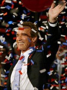 Arnold Schwarzenegger celebrating his victory in the California gubernatorial recall election