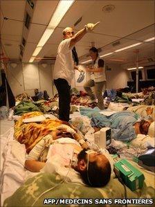 Injured people on Medecins Sans Frontieres boat leaving Libya for Tunisia on 17 April 2011