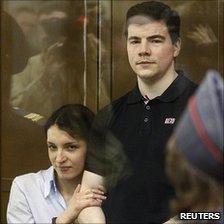 Defendants Nikita Tikhonov (right) and Yevgenia Khasis in court, 6 May 11