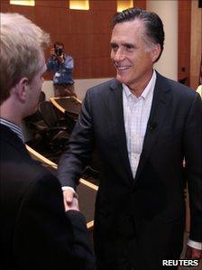 Mitt Romney shaking hands at the University of Michigan