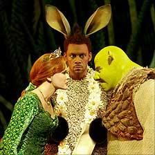 Amanda Holden, Richard Blackwood and Nigel Lindsay in Shrek the Musical