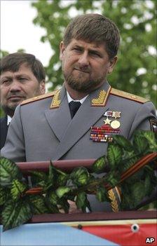 Chechen President Ramzan Kadyrov (foreground) at the Victory Day parade in Grozny, 9 May