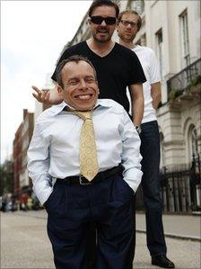 Warwick Davis, Ricky Gervais and Steve Merchant