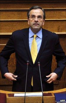 Greek opposition leader Antonis Samaras at the Greek parliament, 19 June