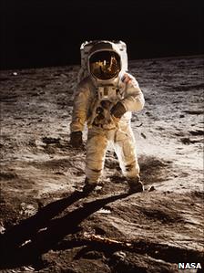 Astronaut Buzz Aldrin, shown on the surface of the moon