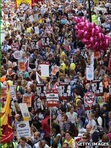 Public-sector workers take part in a march through central London on June 30, 2011 in London