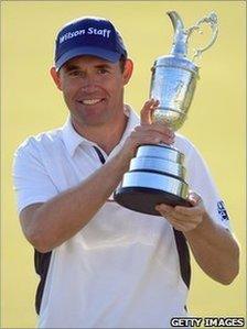 Padraig Harrington holds aloft the Claret Jug after the second of his two Open Championships, in 2008