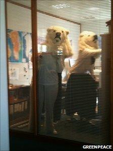 Greenpeace activists dressed as polar bears inside Cairn's offices