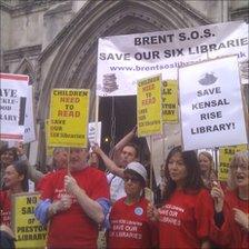 Campaigners for libraries outside the court