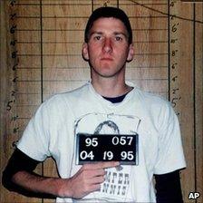 Timothy McVeigh on 19 April 1995, hours after the Oklahoma City bombing, at the Noble County Jail in Perry, Okla