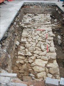 A section of wall discovered in the grounds of the Maenan Abbey Hotel (this is possibly part of the range of principal buildings that lay alongside the cloister, which included the refectory)