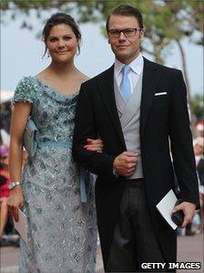 Swedish Crown Princess Victoria and Prince Daniel attend the royal wedding of Prince Albert II of Monaco to Princess Charlene of Monaco in the main courtyard in the Prince's Palace in Monaco on 2 July 2011