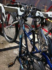 Bikes locked in a cycle rack