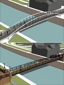 A low bowstring truss footbridge (top) and a traditional footbridge (bottom). Two of the three proposed designs for the new footbridge over the River Haven in Boston, Lincolnshire