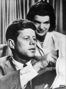 A photo dated 1950"s shows John F. Kennedy with his wife Jacqueline Bouvier Kennedy