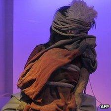 A seven-year-old Inca child found along with two other frozen mummies is displayed at the Museum of High Altitude Archaeology in Salta, Argentina