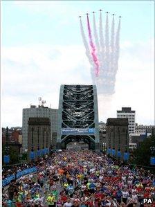 The Red Arrows fly over the Tyne Bridge